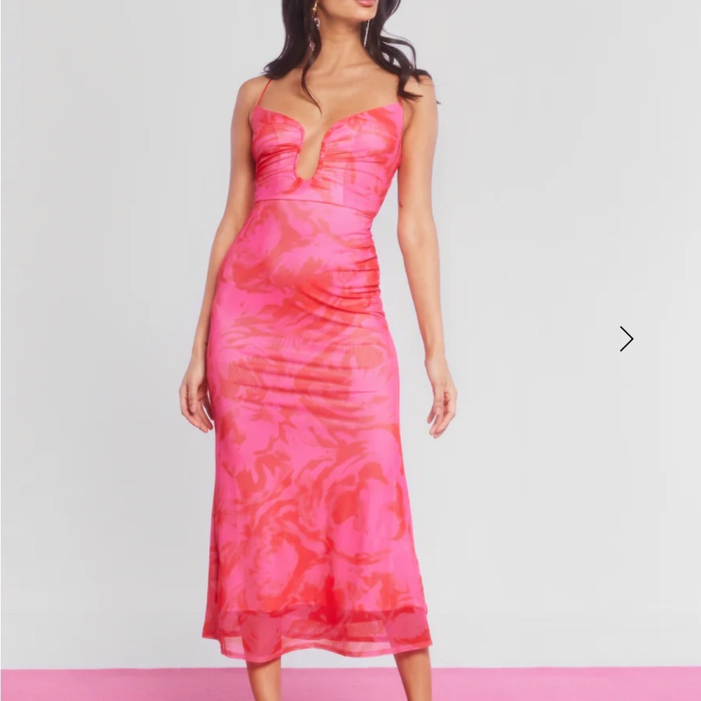 Pink Marble-Print Spaghetti Strap Midi Dress